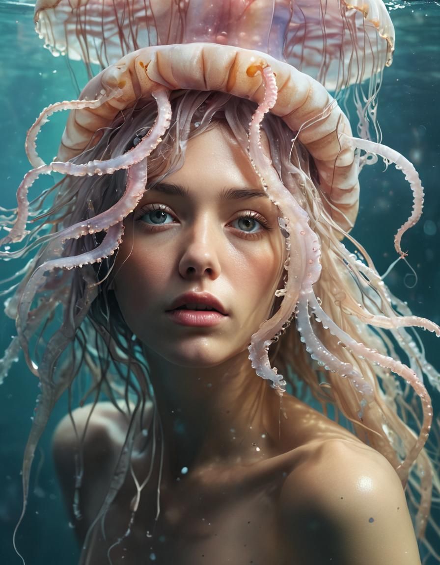 Ethereal Watercolor Portrait of Diver in Dreamy Underwater S...