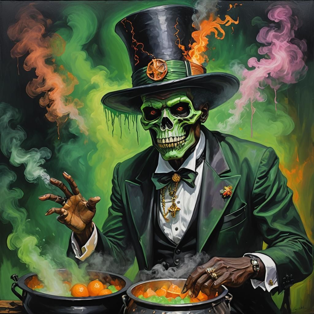Voodoo Priest Brewing Potion as Impressionist Acrylic Oil Pa...