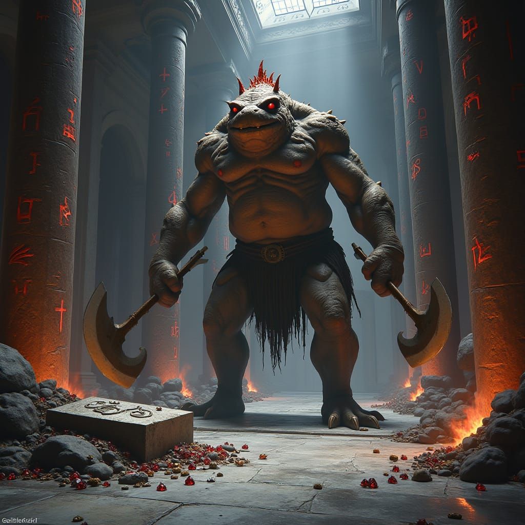 Dark Fantasy Chamber with Grotesque Frog-Like Creature