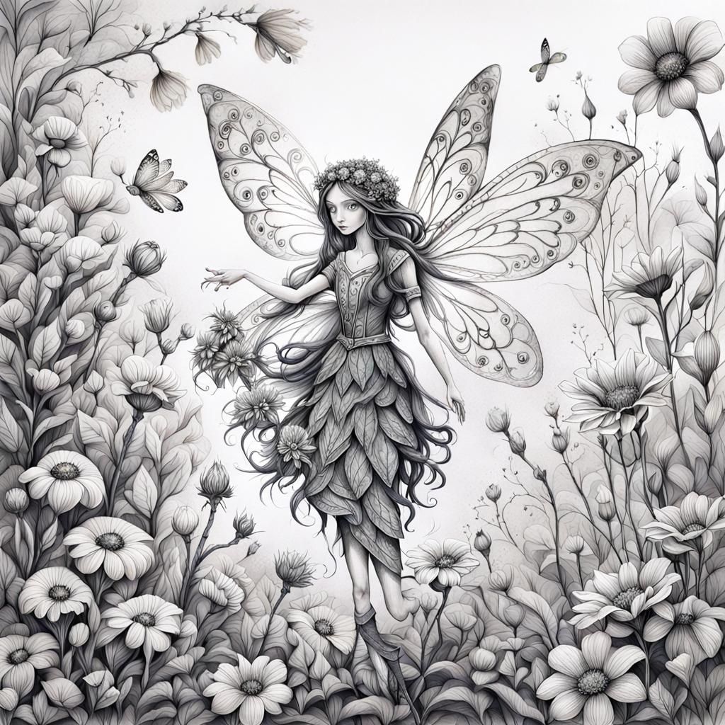 Botanical Ink Drawing of fairy with flowers