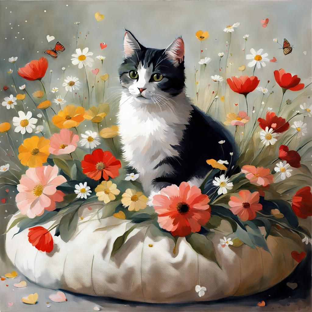 Cat Surrounded by Flowers in Storybook Style