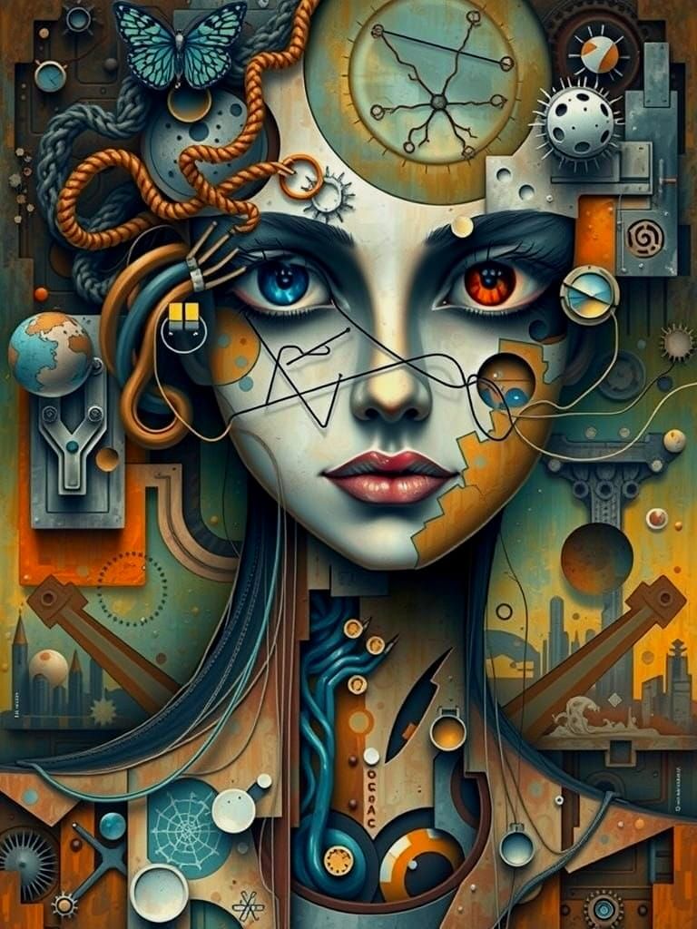 Cyberpunk Goddess in a Geometric Abstract World