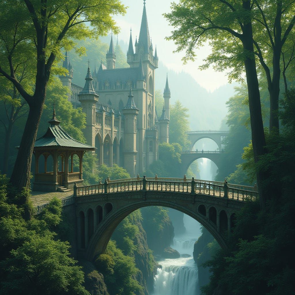 Emerald City Amidst Gothic Ruins in a Whimsical Art Nouveau....