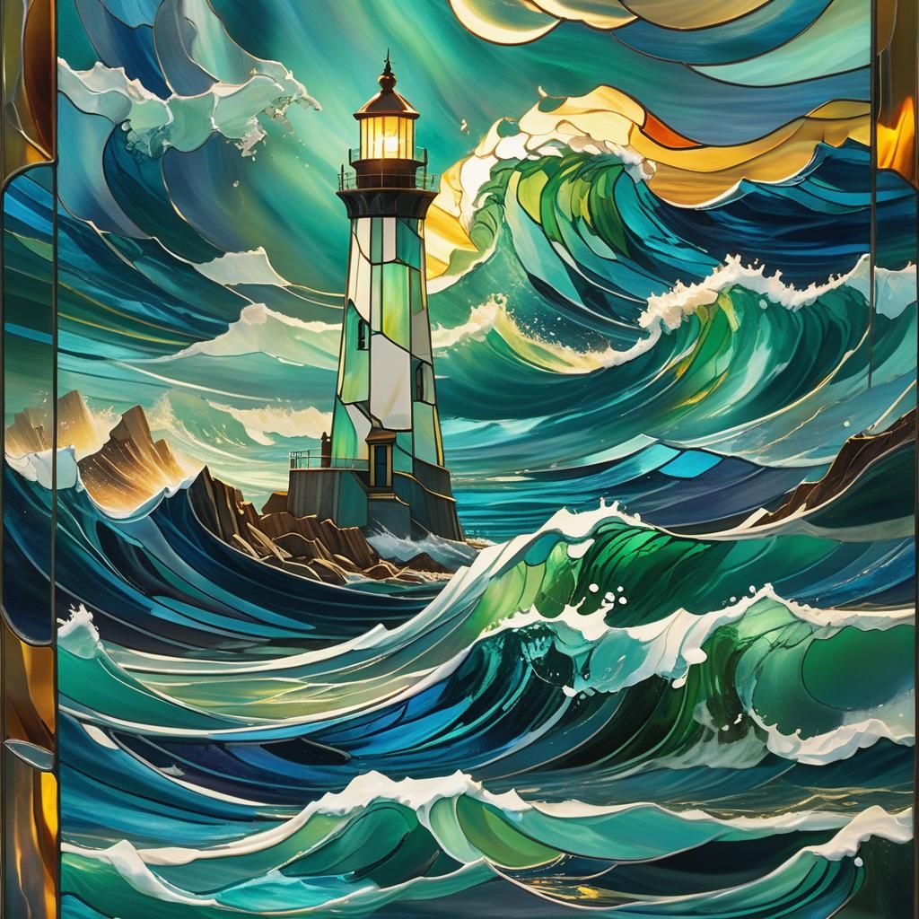Lighthouse in Stained Glass Style Art