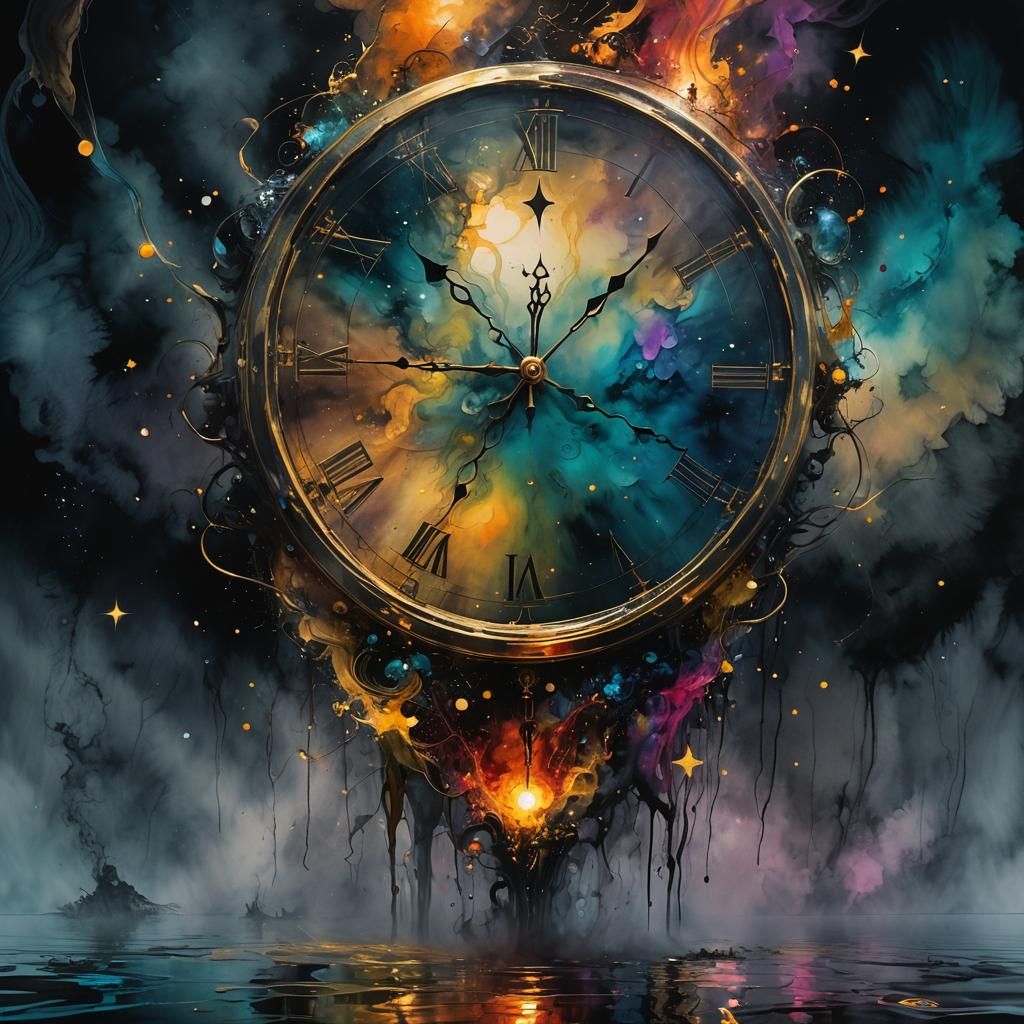 Eerie Clock Above Misty Lake: Abstract Expressionism