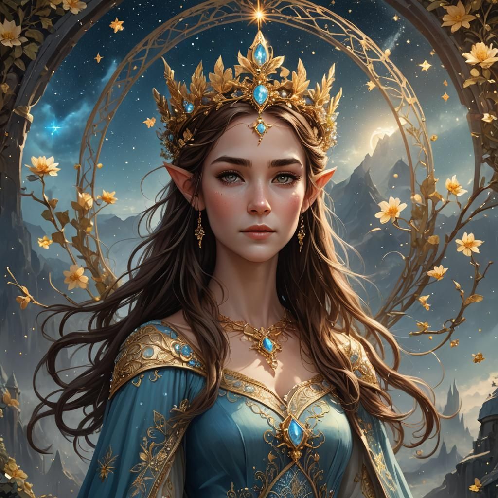 Elven Princess with Floral Crown, Fantasy Art