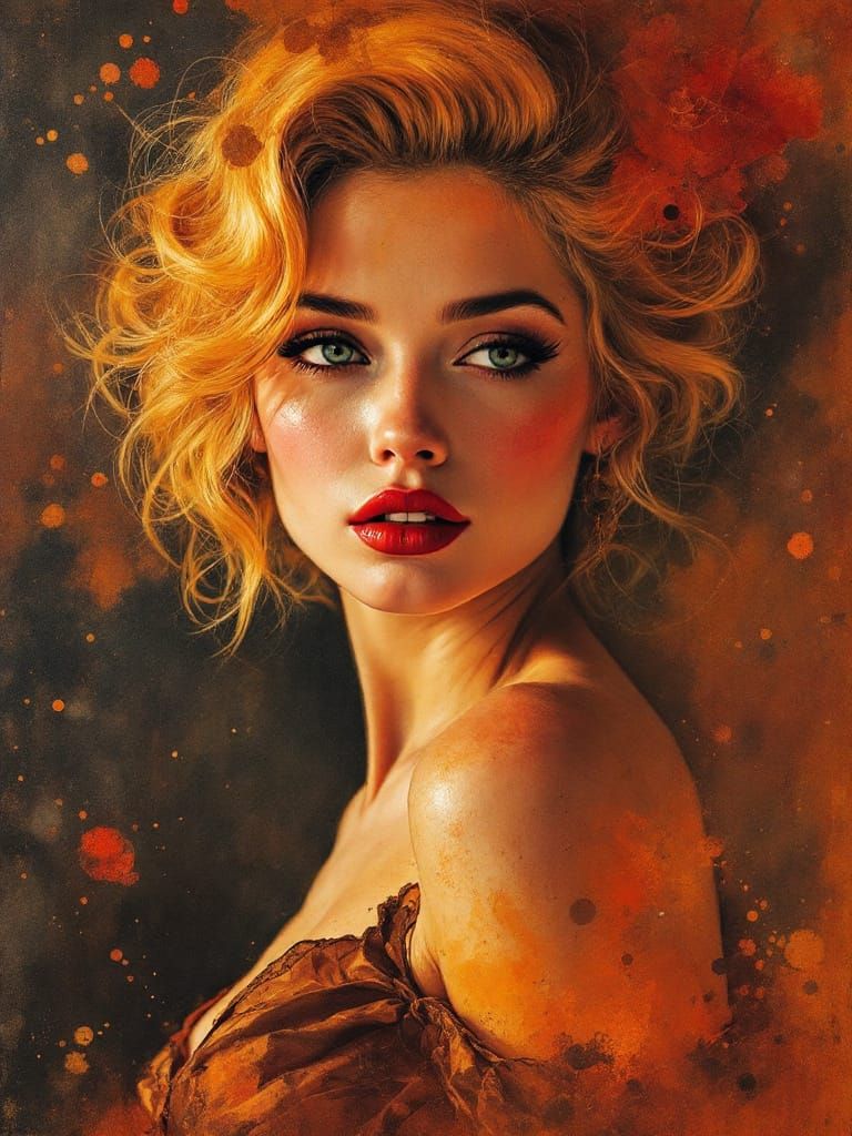 Blonde Pin-Up Woman in Fiery Watercolor Style