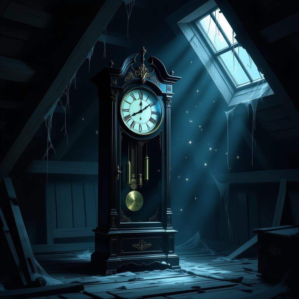 Ancient Grandfather Clock in Ethereal Attic