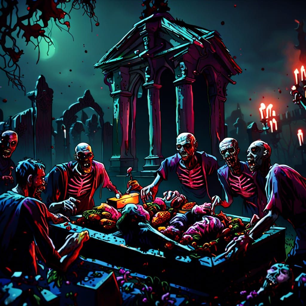 Zombies Feast in Cemetery: Detailed Matte Painting