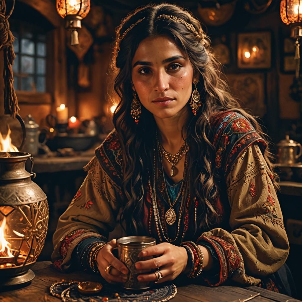 Gypsy Woman in Tavern: Romantic Realism Portrait
