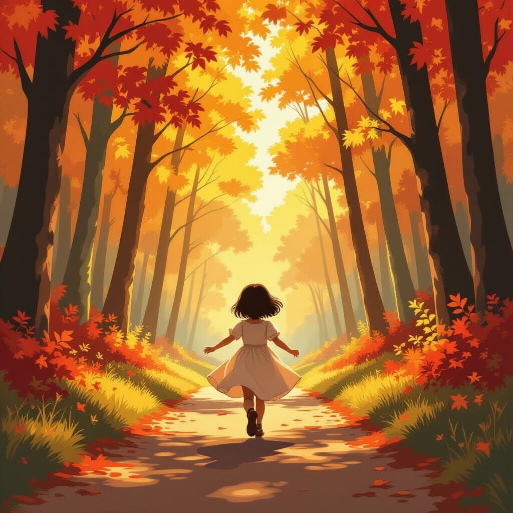 Girl Runs Through Autumn Forest in Whimsical Style