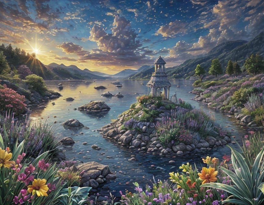 Colorful Gemstone Landscape in Stained Glass Style