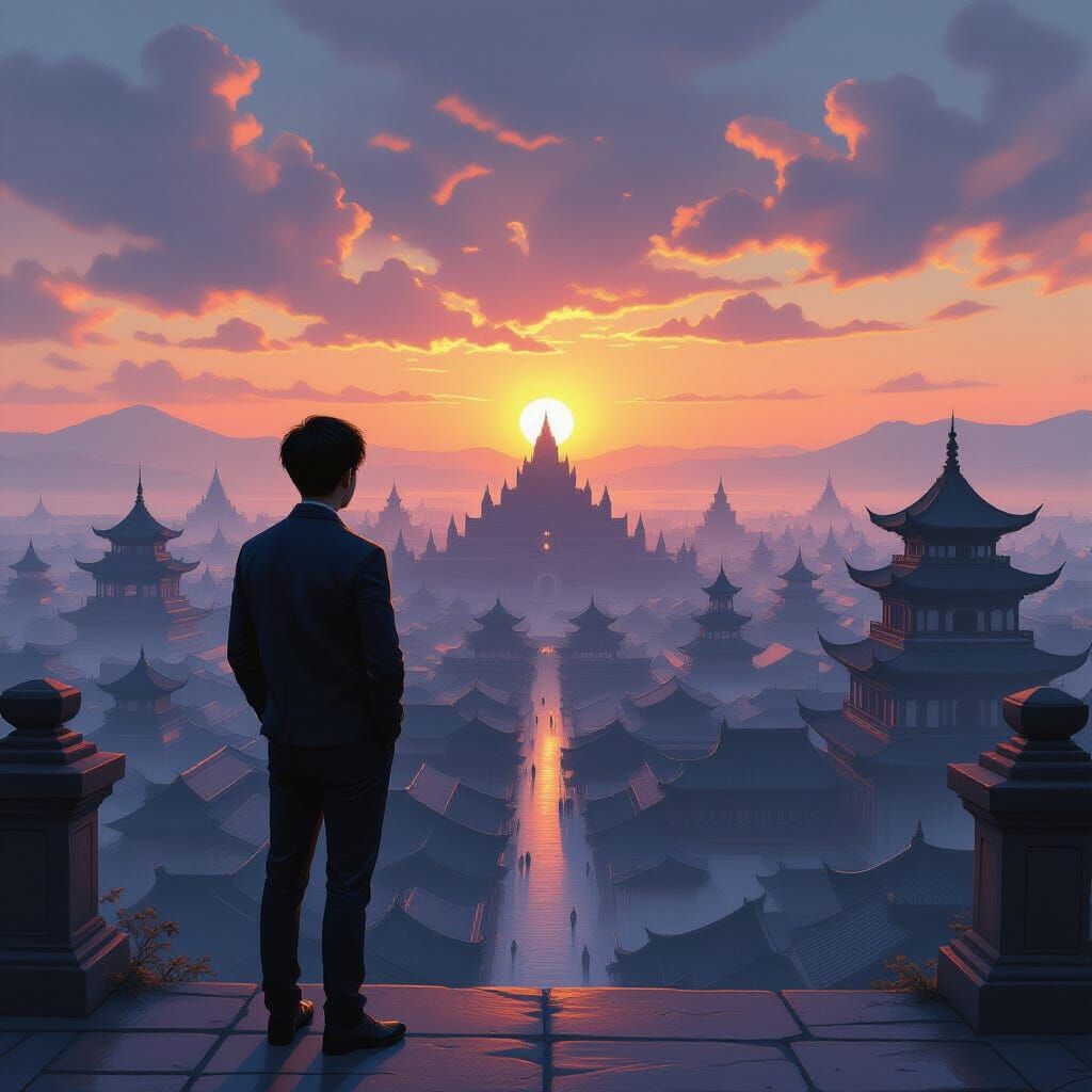 Dawn Contemplation in Ancient Cityscape: Oil Painting