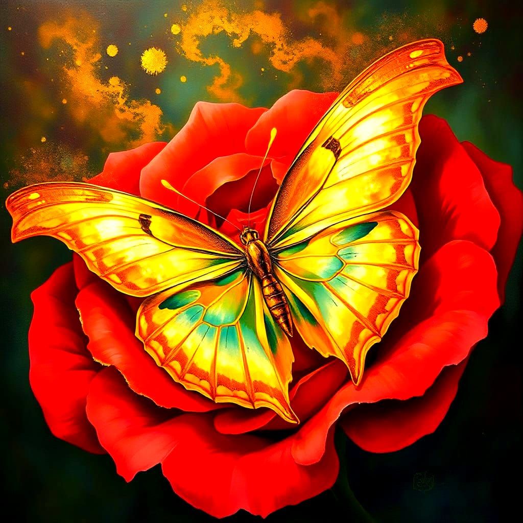 Golden Butterfly on a Vibrant Rose Petal