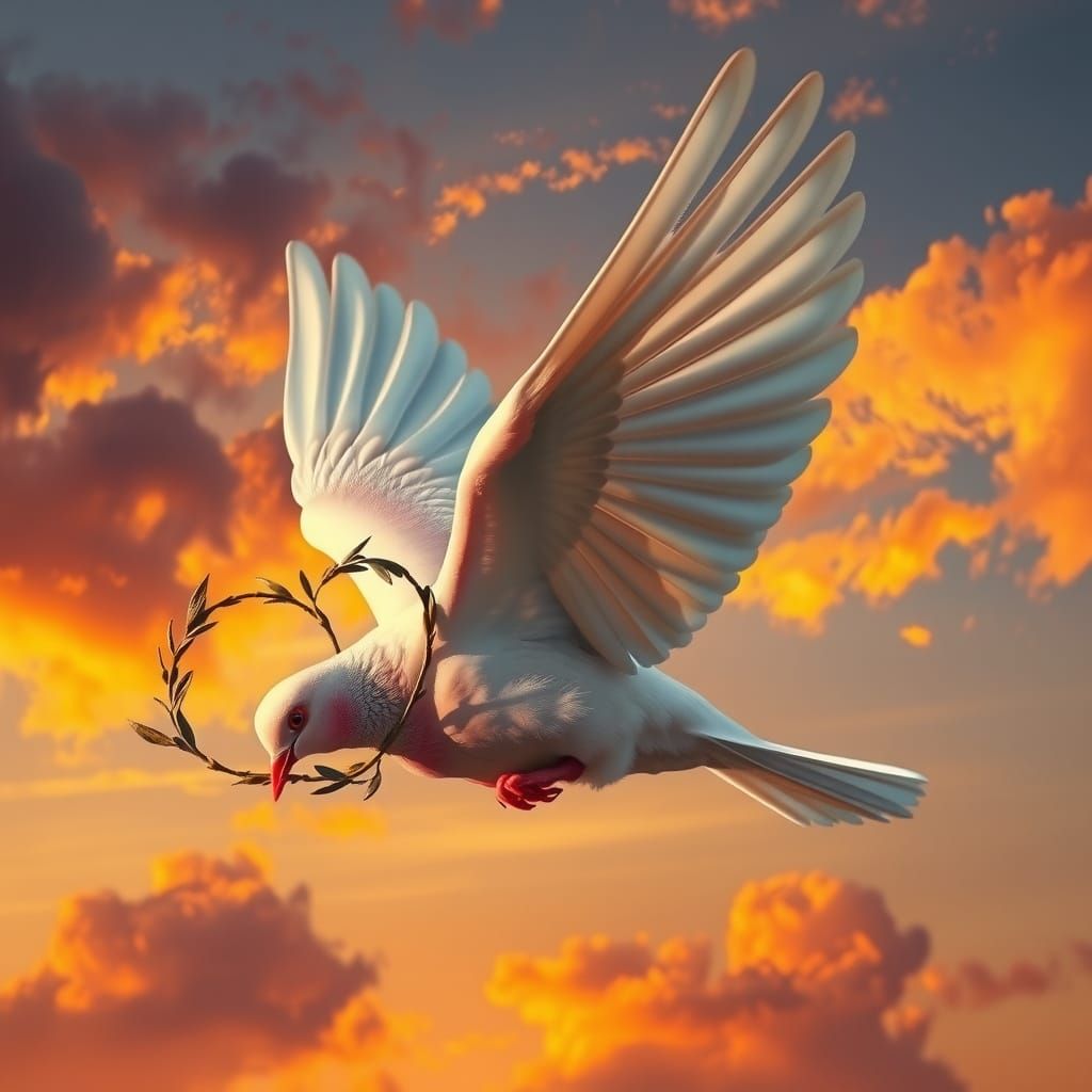 A beautifully coloured dove carrying an olive branch in the shape of a heart through a glowing sunset sky.