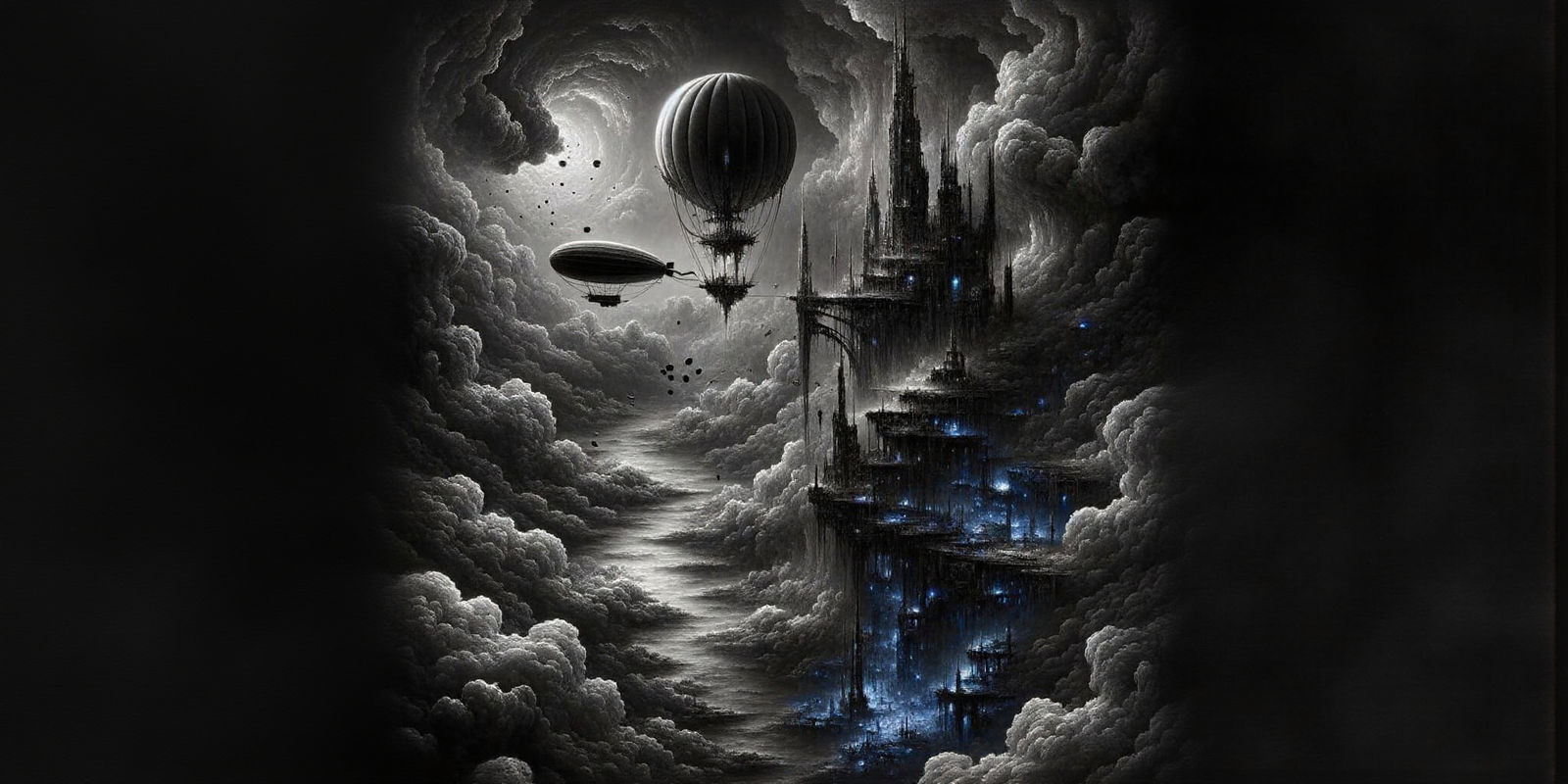 Airship Over Floating City Ruins in Baroque Style