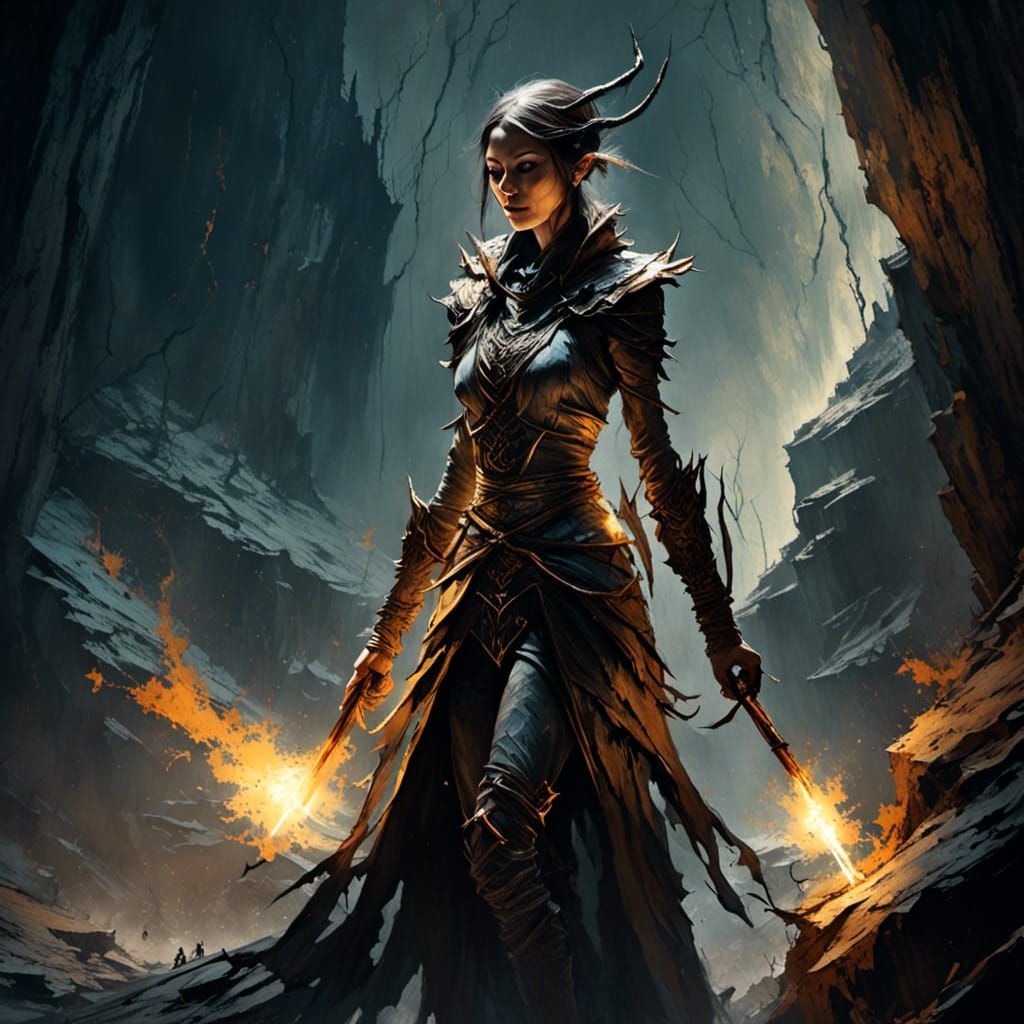 Fantasy Elf Rogue in Dark Cavern, Detailed Art