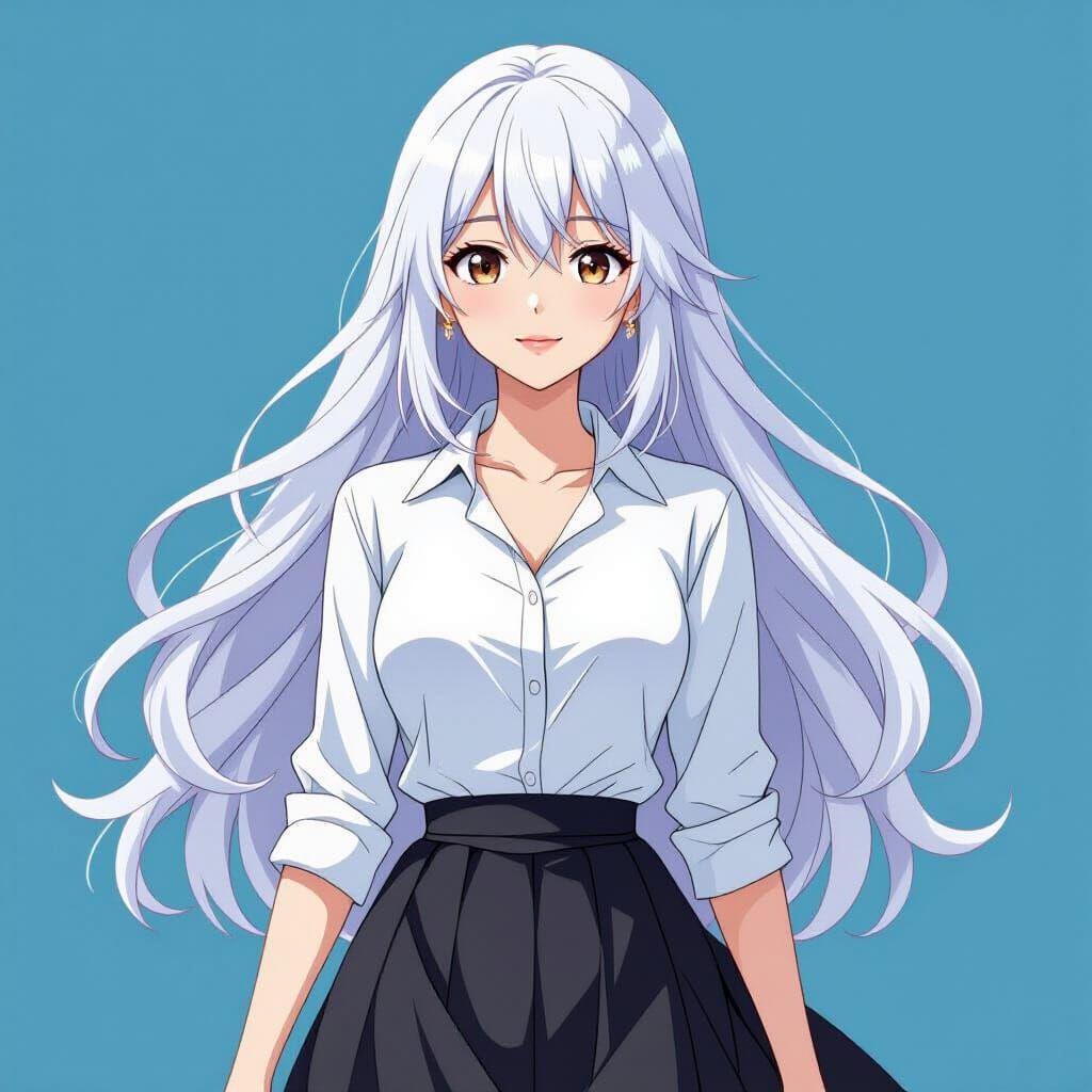 Anime Woman with White Hair in Stylized Digital Art