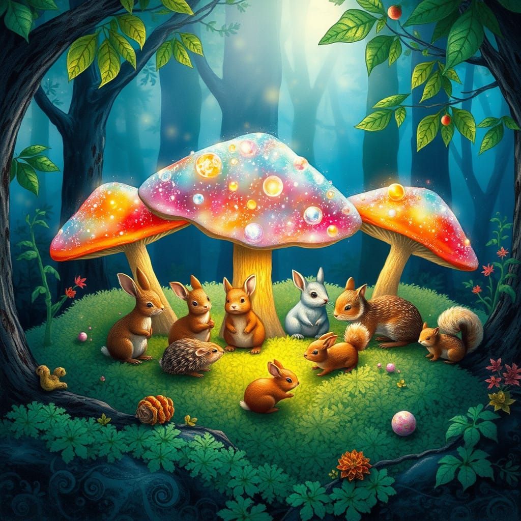 Woodland Creatures in a Whimsical Mushroom Haven
