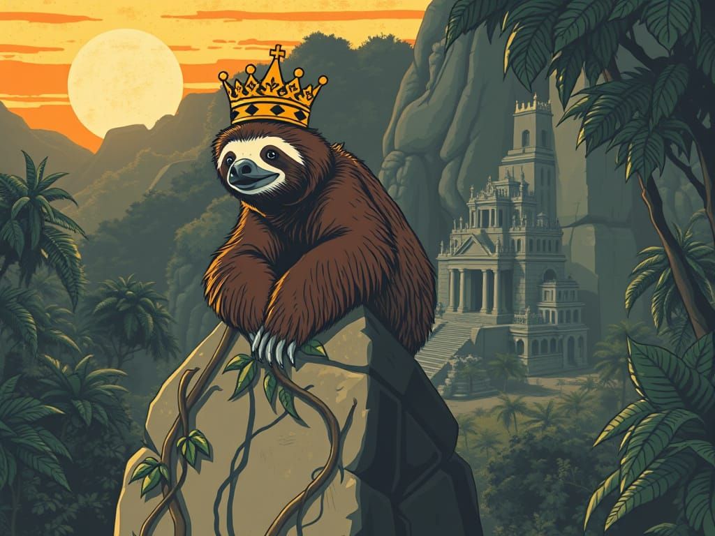 Regal Sloth in Lost City Retro Illustration