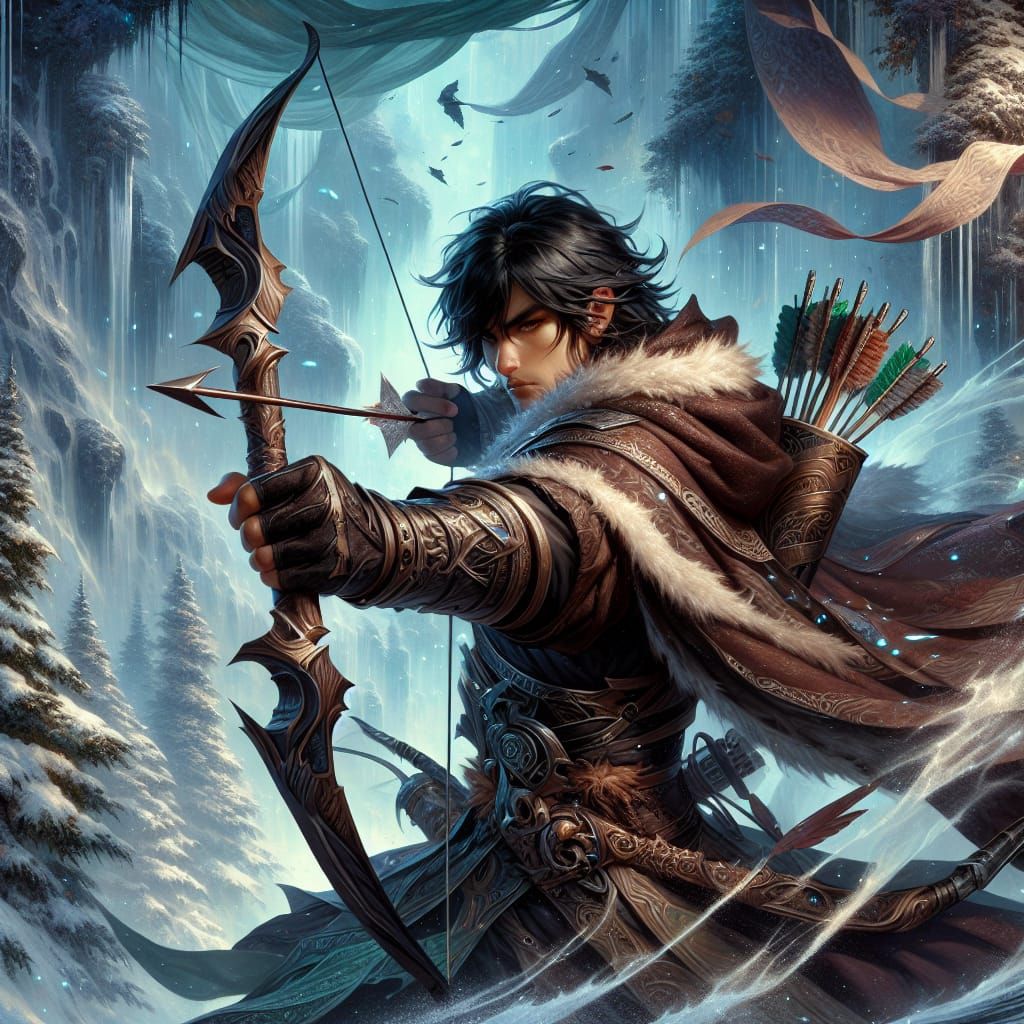 Fantasy Hunter with Bow in Snowy Landscape