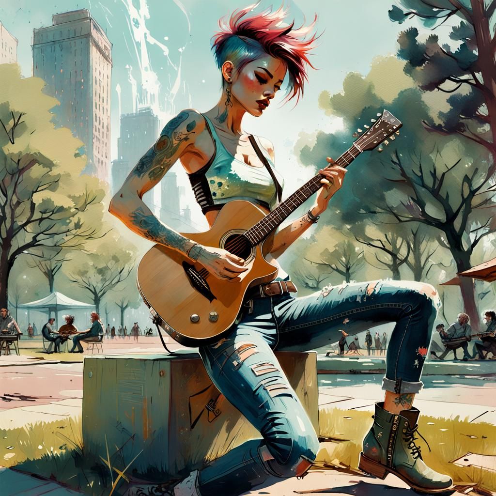 Punk Girl Rocks Guitar in Park: Watercolor Art