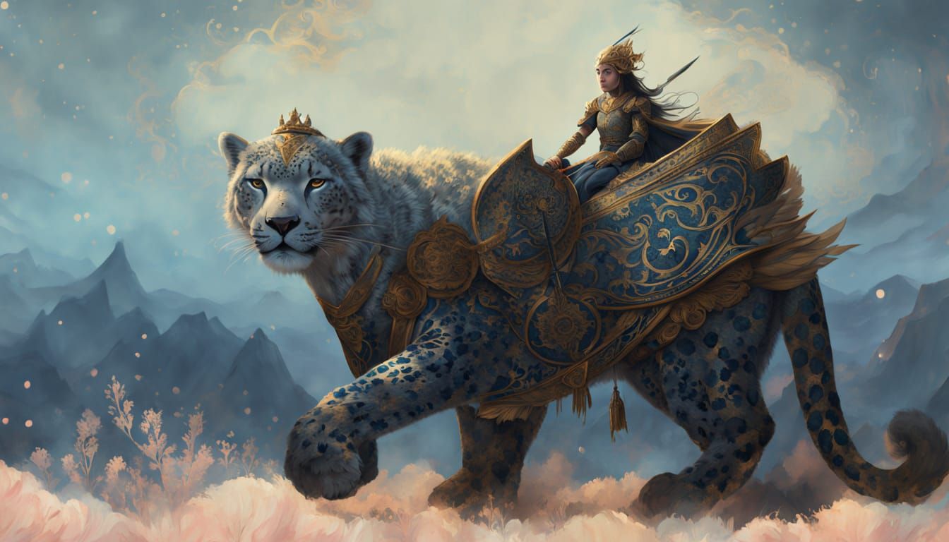 Winged Warrior on Snow Leopard in Fantasy Landscape