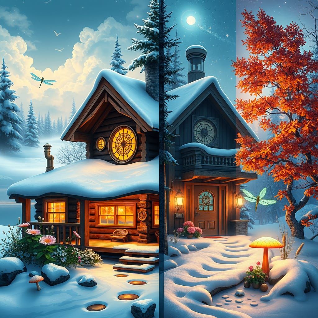 Mystical Lake Cabin Diptych: A Whimsical Blend of Seasons an...