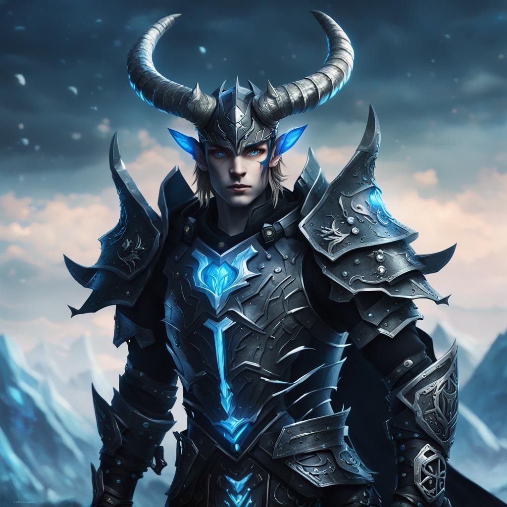 Anime Warrior with Black Armor and Icy Blue Eyes
