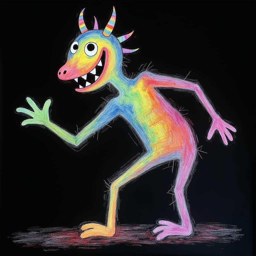 Surreal Crayon Monster Drawing with Rainbow Fairy