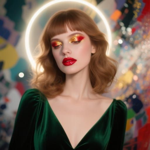 Woman's Glamorous Portrait With Glitter Makeup and Green Dre...