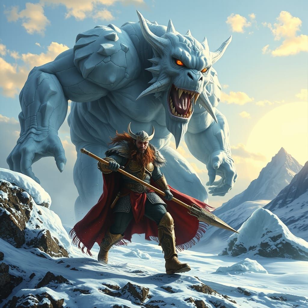 Odin Wields Gungnir Against Frost Giants in Epic Norse Battl...