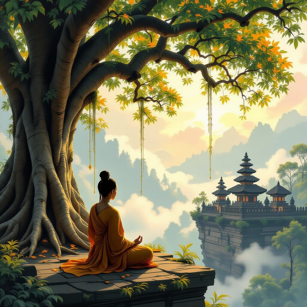 Meditating Girl Monk Beneath Banyan Tree: Digital Painting