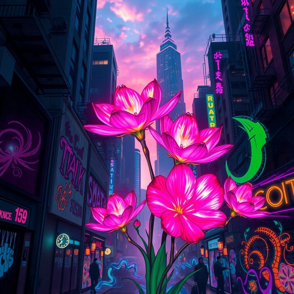 Neon Flowers Bloom in Futuristic Cityscape