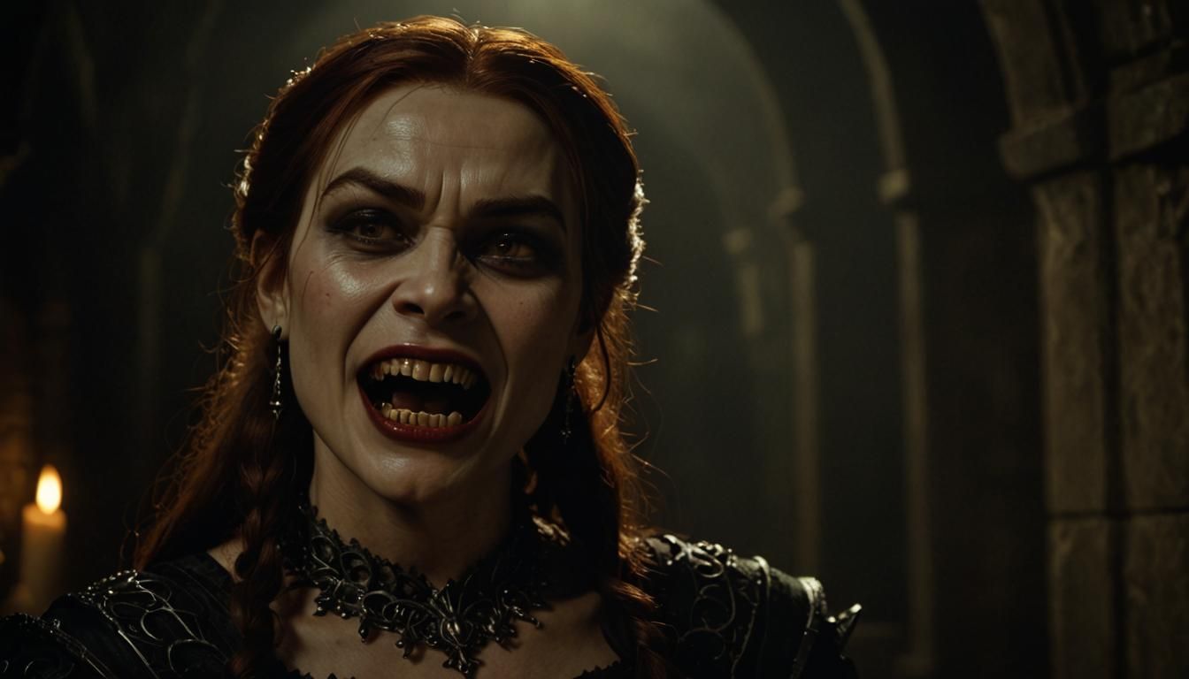 Gothic Vampire Princess Fiona Hissing in Graveyard