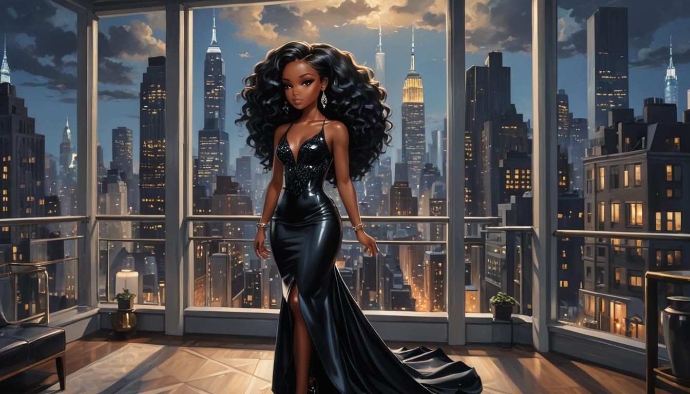 Black American Chibi Woman in NYC Penthouse, Anime Art