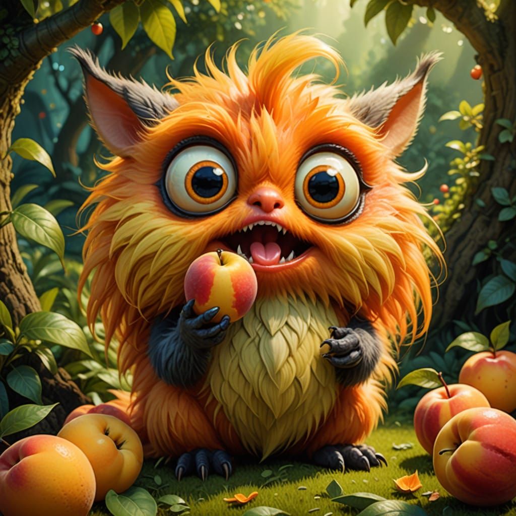 Friendly Peach-Loving Creature in Whimsical Garden