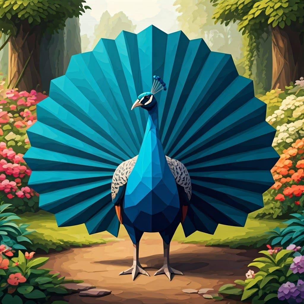 Elegant Origami Peacock in Vibrant Garden Setting