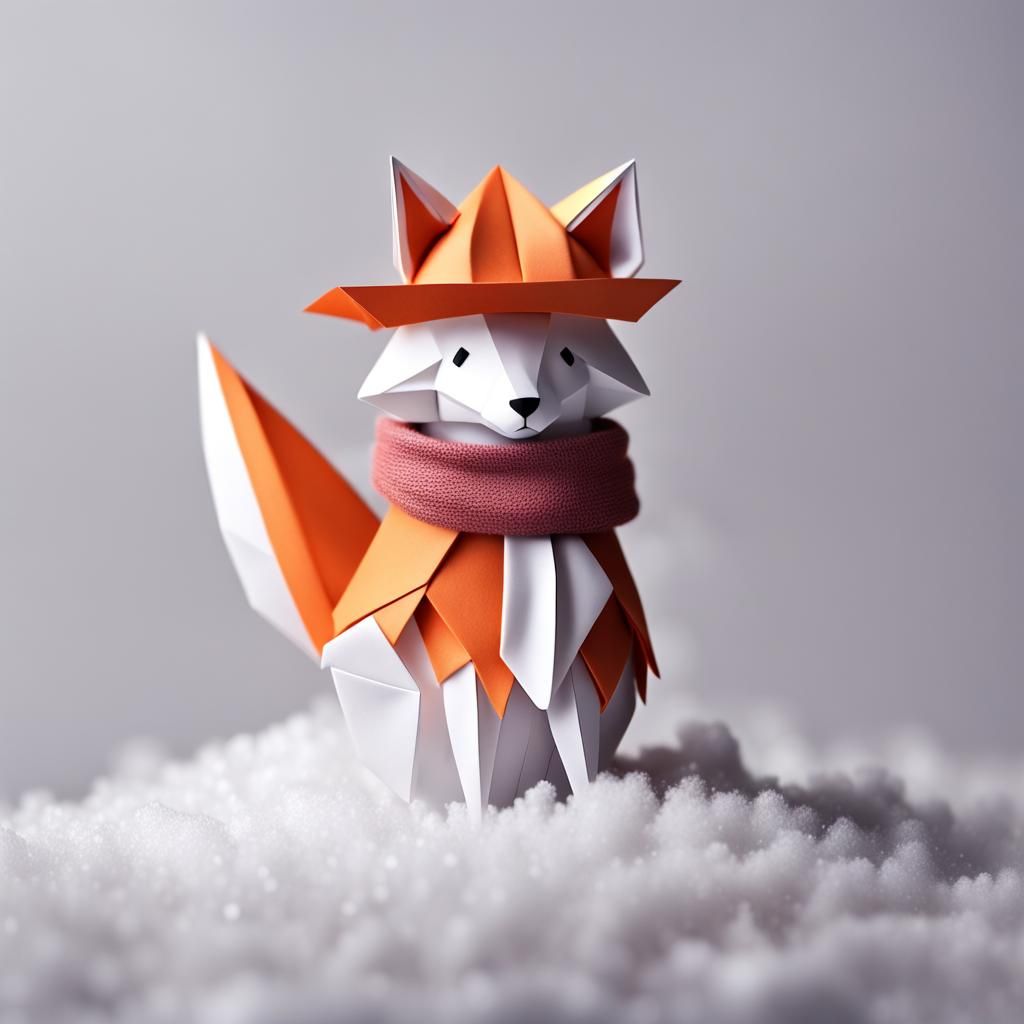 Origami Snow Fox with Hat and Scarf