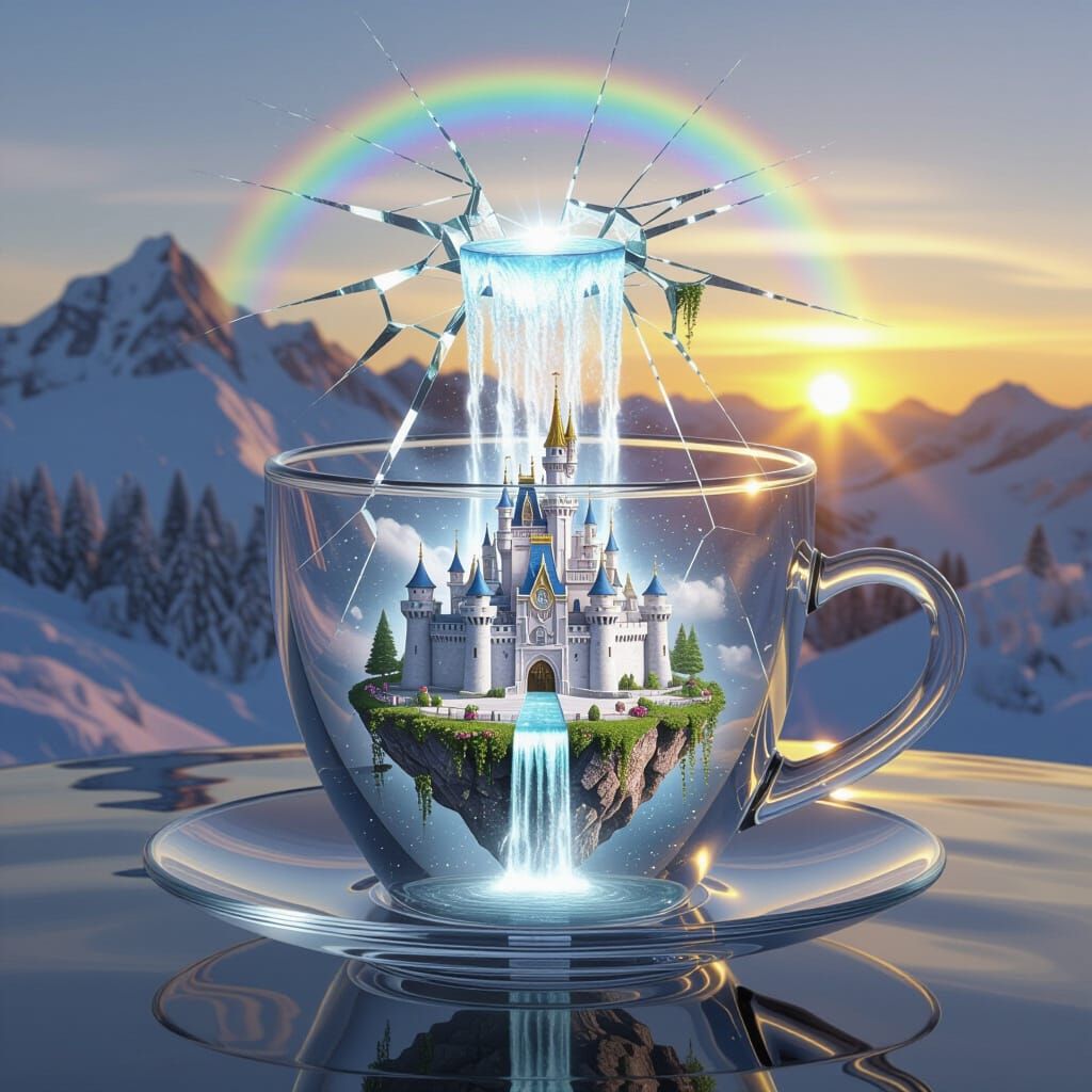Glass Cup Crack Reveals Rainbow Waterfall and Castle