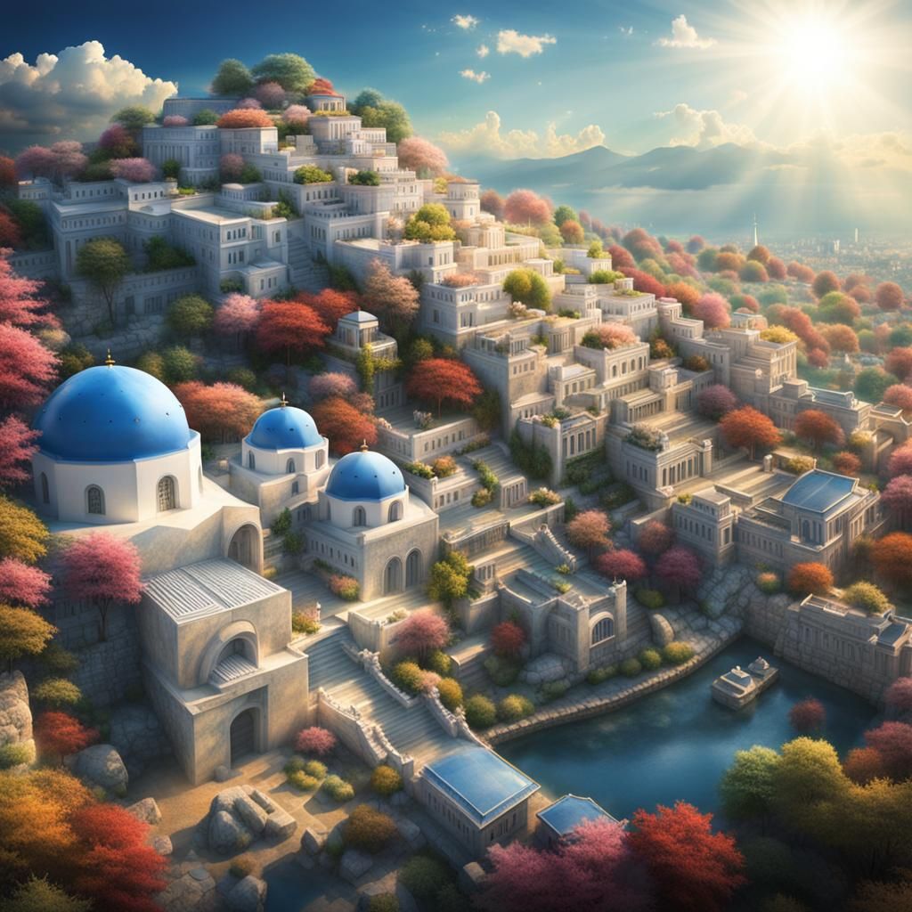 Futuristic City Fusion: Greece and Korea in the Clouds