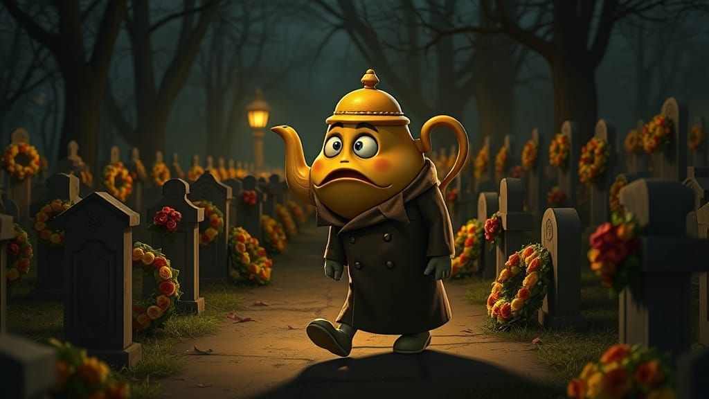 Terrified Teapot Walks Through Cemetery at Night