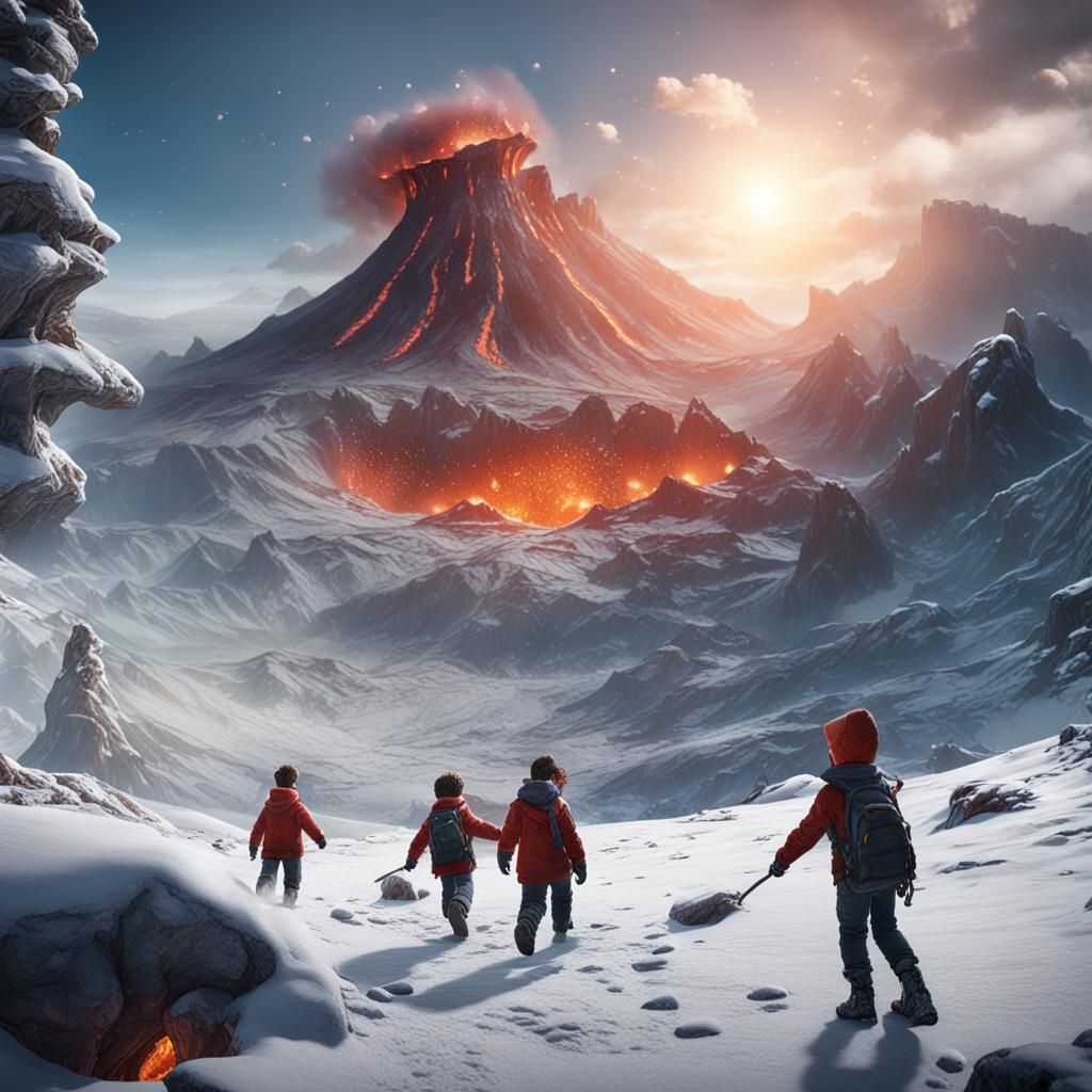 Children Play Near Volcano in Detailed Matte Painting