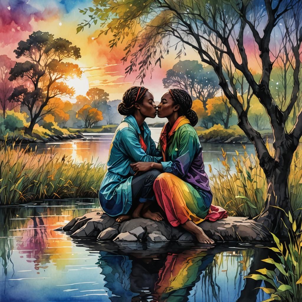 Rainbow Kiss: Modern Ink Painting of Love