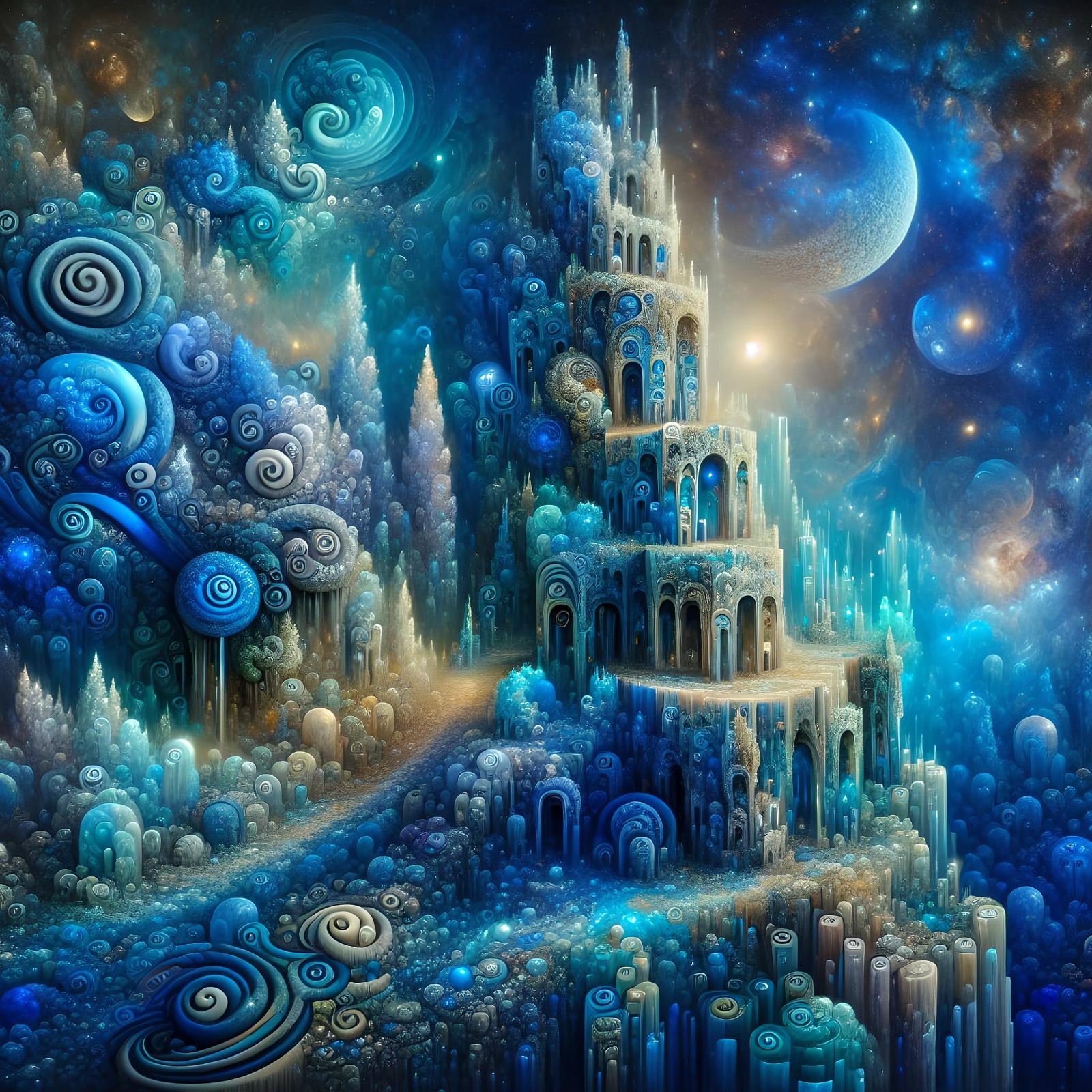 Blue Dreamscape: Surreal Towers in Organic Architecture