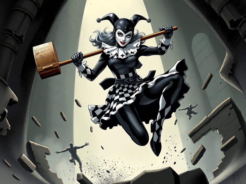 Cyberpunk Supervillainess in Medieval Harlequin Attire