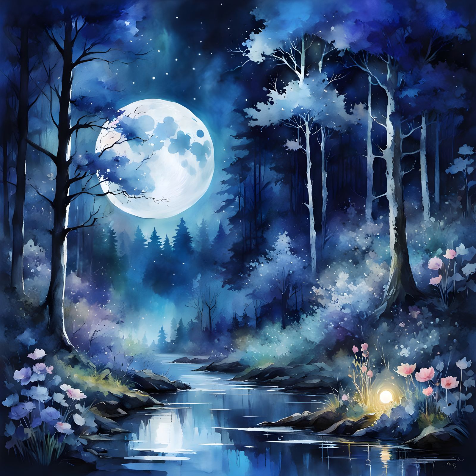 Magical Moonlit Forest in Digital Watercolor