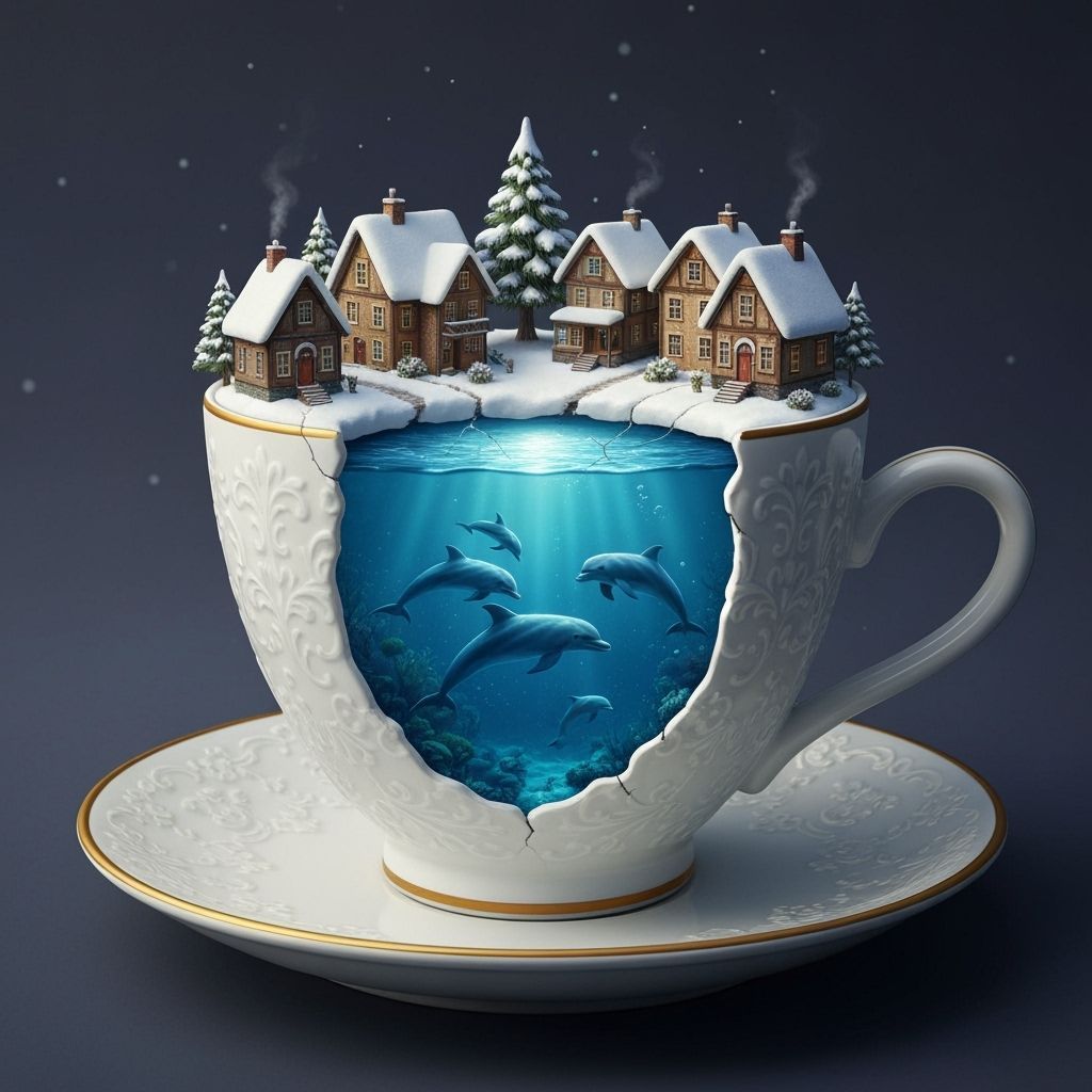 Snowy Village and Dolphins in Porcelain Cup