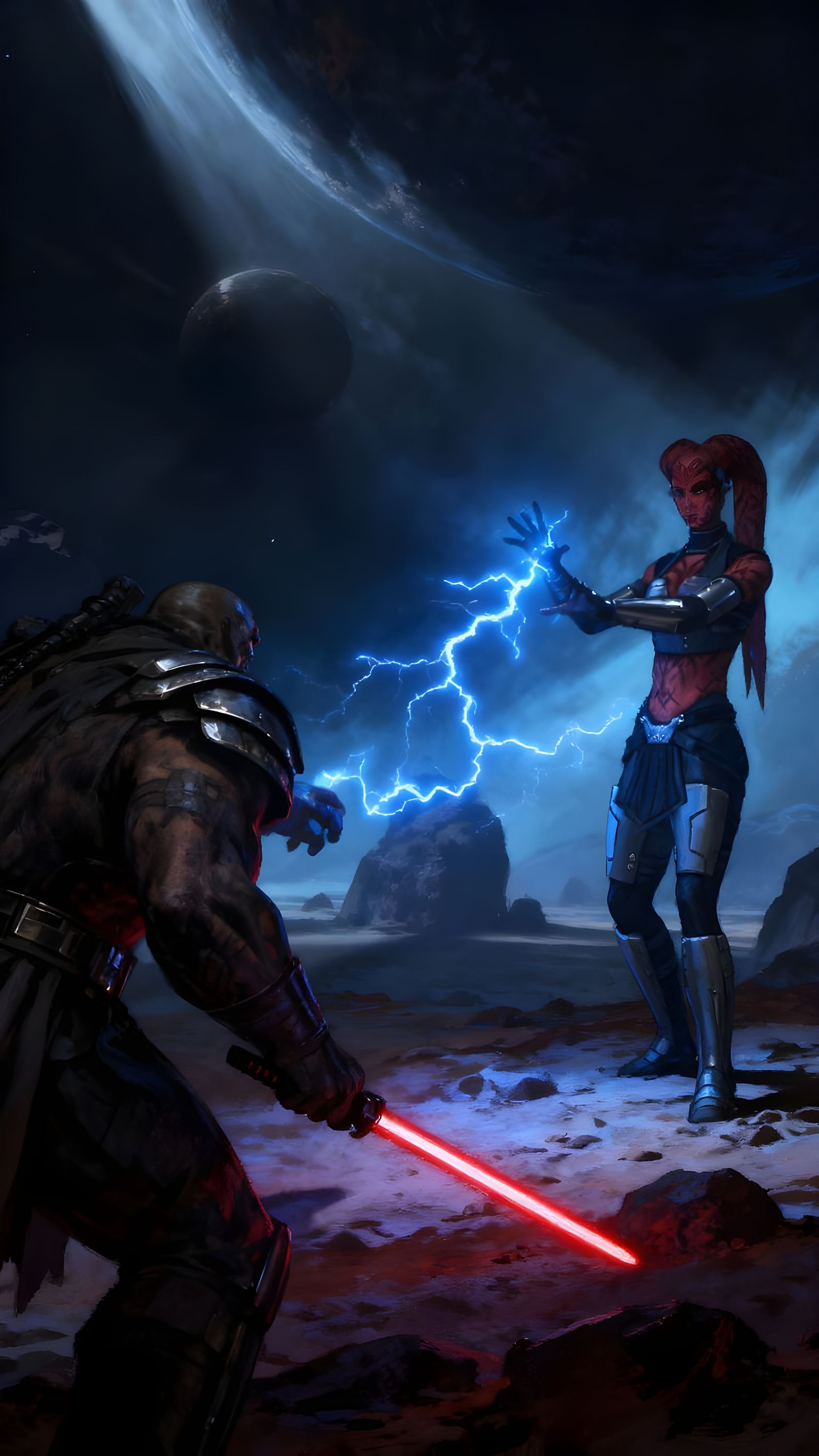 Darth Talon Unleashes Force Lightning on Warrior