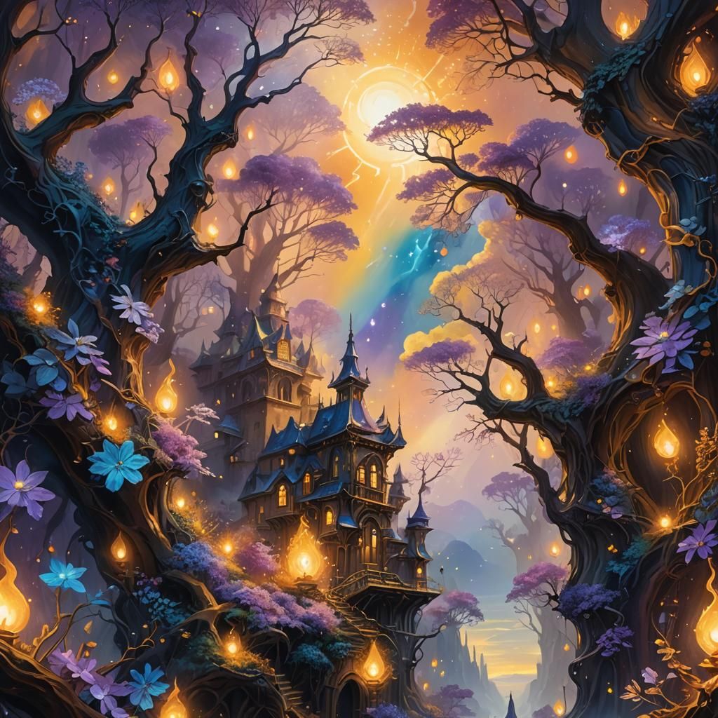 Fantastical Oil Painting with Glowing Elements